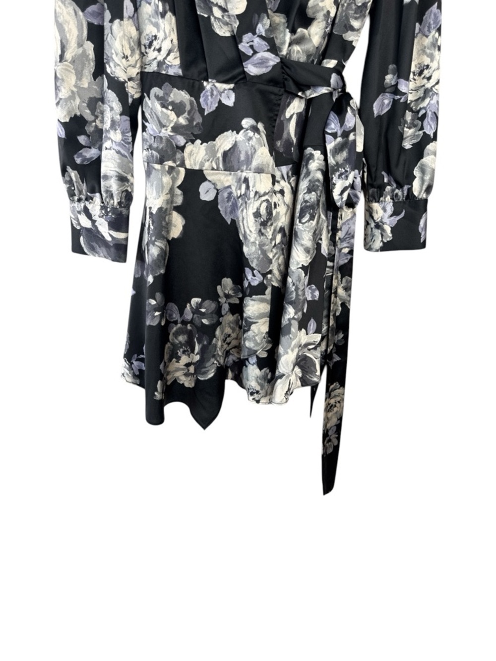 MILLY Samara Satin Floral Wrap Mini Dress Black Gray Size 6 - Picture 4 of 15